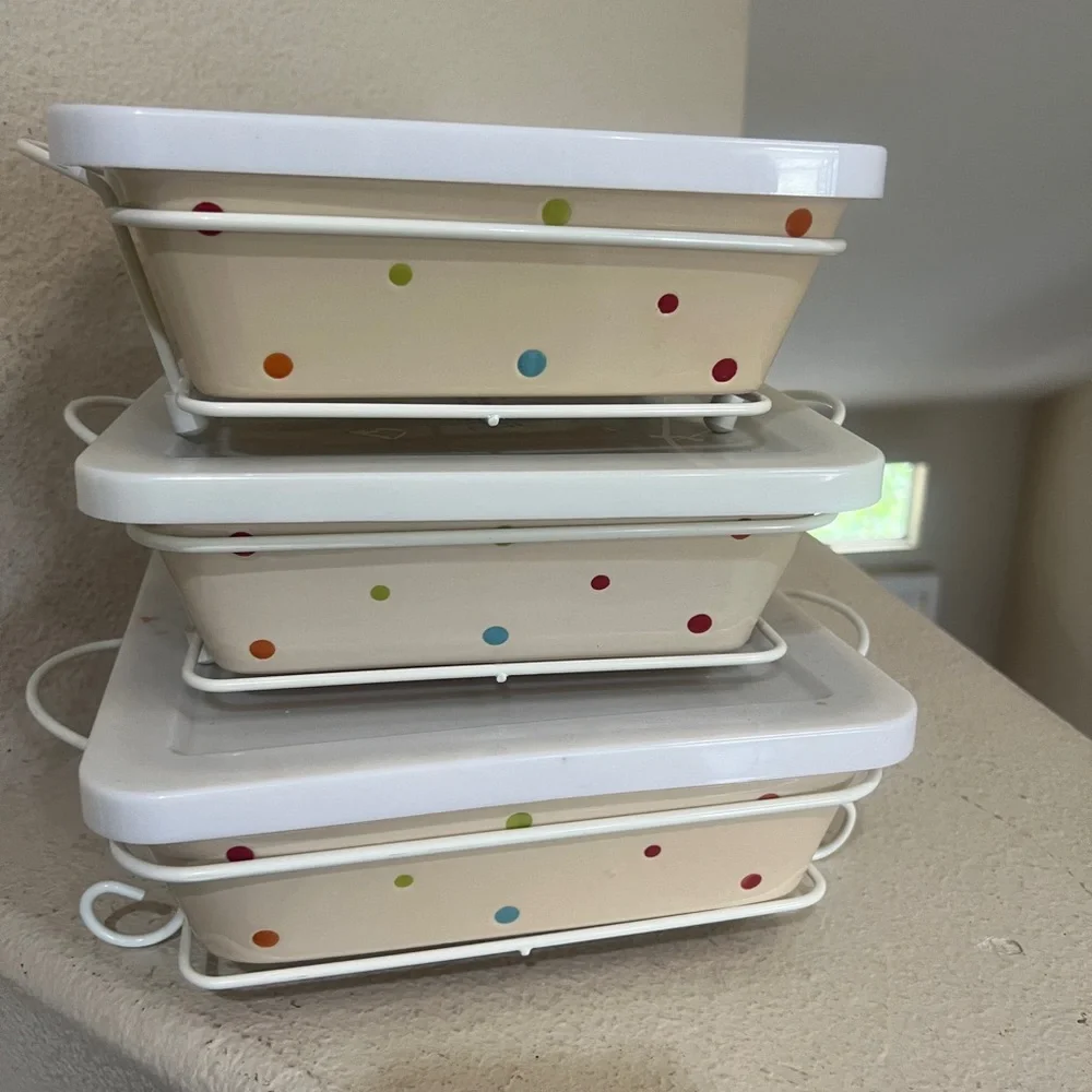 Rare 3 Set Polka Dots Temp-tations Casserole Ovenware Dishes & Rack‎